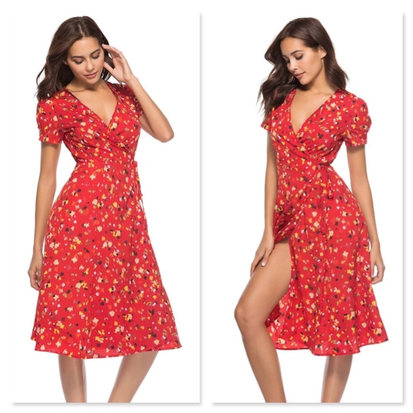 Floral Red Boho Wrap Summer Dress - Picture 2 of 7